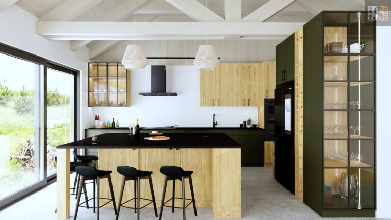 Nowoczesna kuchnia z wyspą w kolorze dąb natura